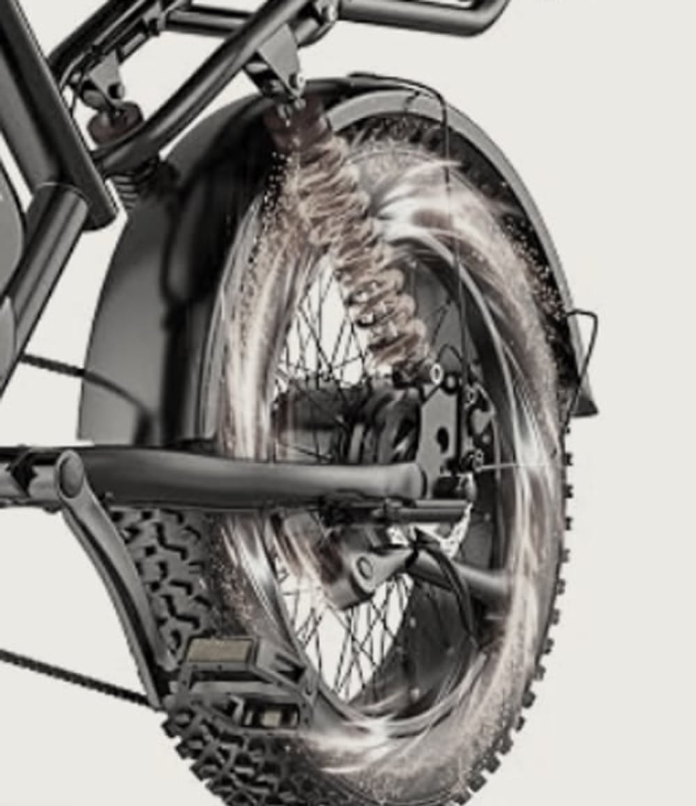Détail de la roue arrière, du moteur et de l'amortisseur du Volt